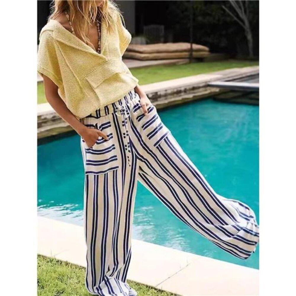 Striped Wide-Leg Drawstring Pants - Picture 2 of 13